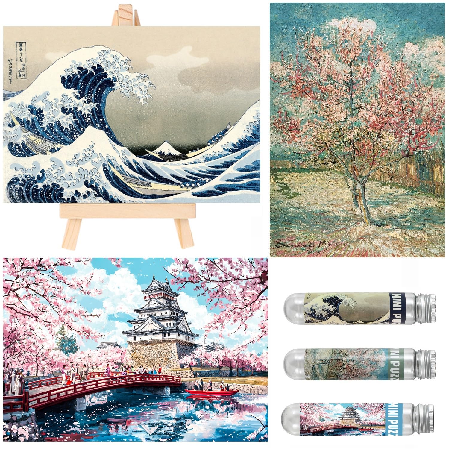 Small Jigsaw Puzzles for Adults 150 Pieces Mini Jigsaw Puzzles Challenging Castle Ukiyoe Sea Wave Tiny 6 x 4 Inches, 3 Pcs,Mini Easel Included