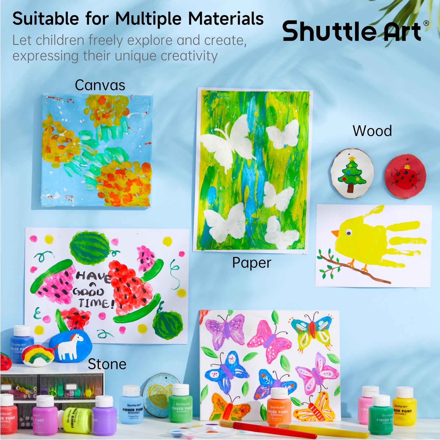 Shuttle Art Washable Finger Paint Set, 15 Colors (2 fl oz) Toddler Paint, Non-Toxic Finger Painting for Toddlers, Kids Arts and Crafts
