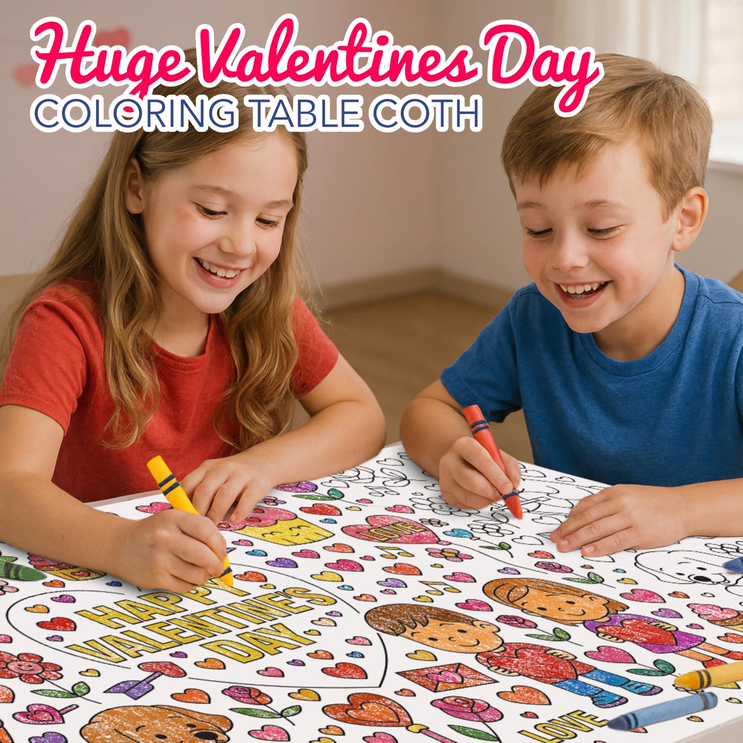 4E's Novelty 104 Pcs Giant Valentine Color Tablecloth Poster 30x72, with 103 Stickers, Huge DIY Valentines Day Coloring Table Coth Valentines Kids