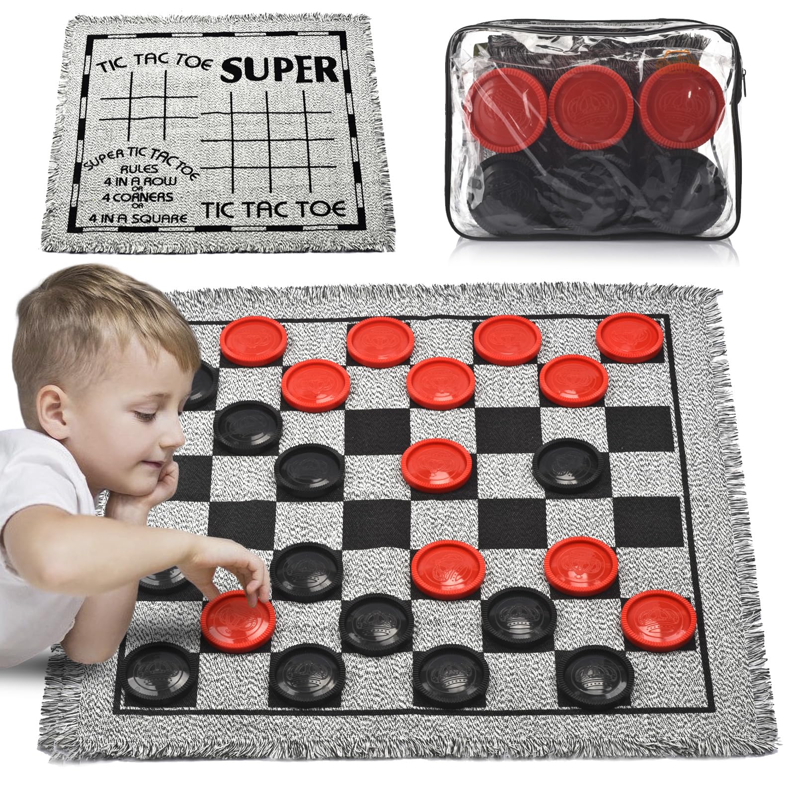 QuadPro Giant Checkers Board Game Set,3 in 1 Jumbo Tic Tac Toe Game,Classic Checkers Board Game for Kids & Adults,Large Checkers Rug Game Mat,Indoor