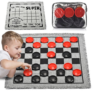 QuadPro Giant Checkers Board Game Set,3 in 1 Jumbo Tic Tac Toe Game,Classic Checkers Board Game for Kids & Adults,Large Checkers Rug Game Mat,Indoor