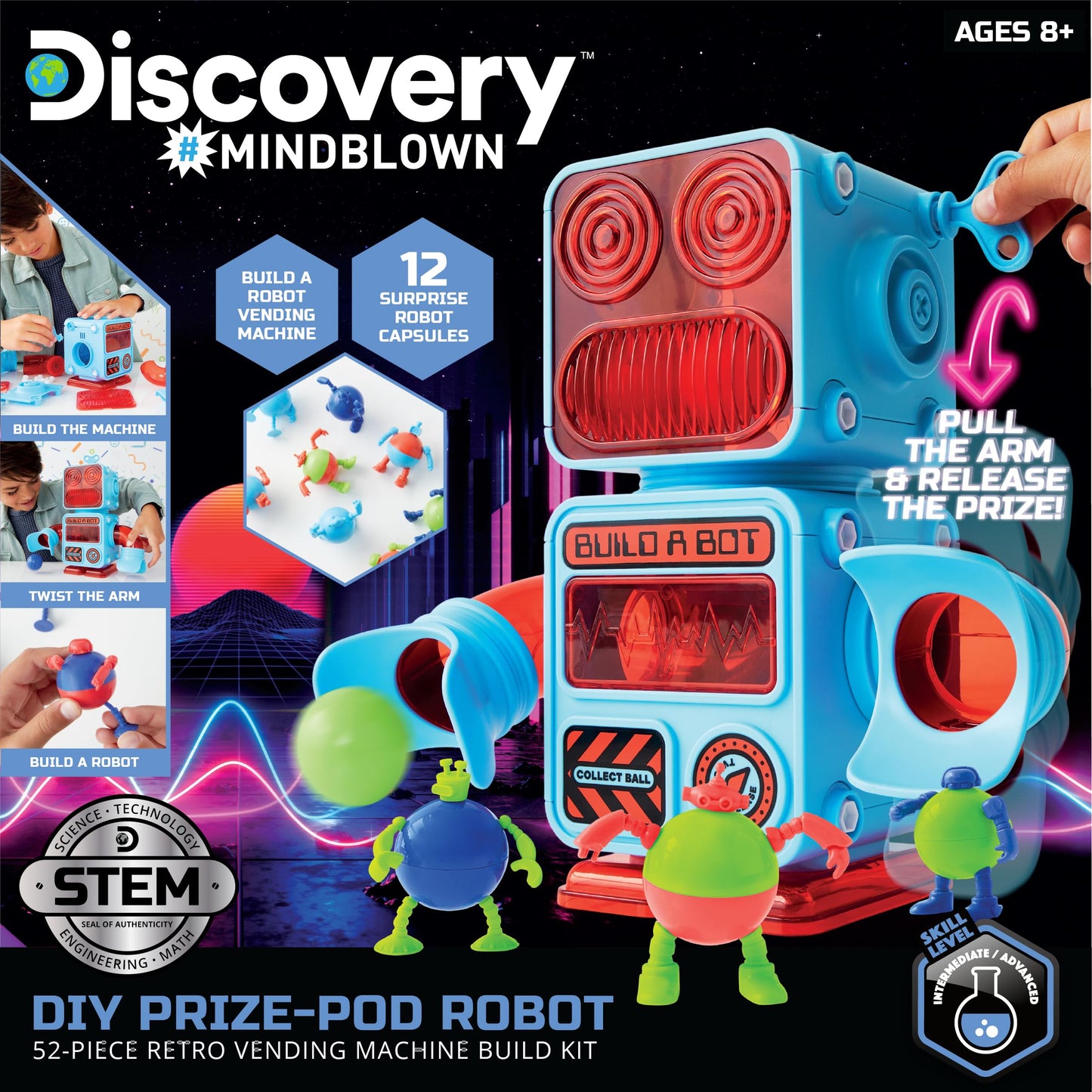 Discovery DIY Prize-Pod Robot Kit, 52-Piece Vending Machine Building Set, 12 Transforming Capsules, Educational Science Experiment, Engineering STEM