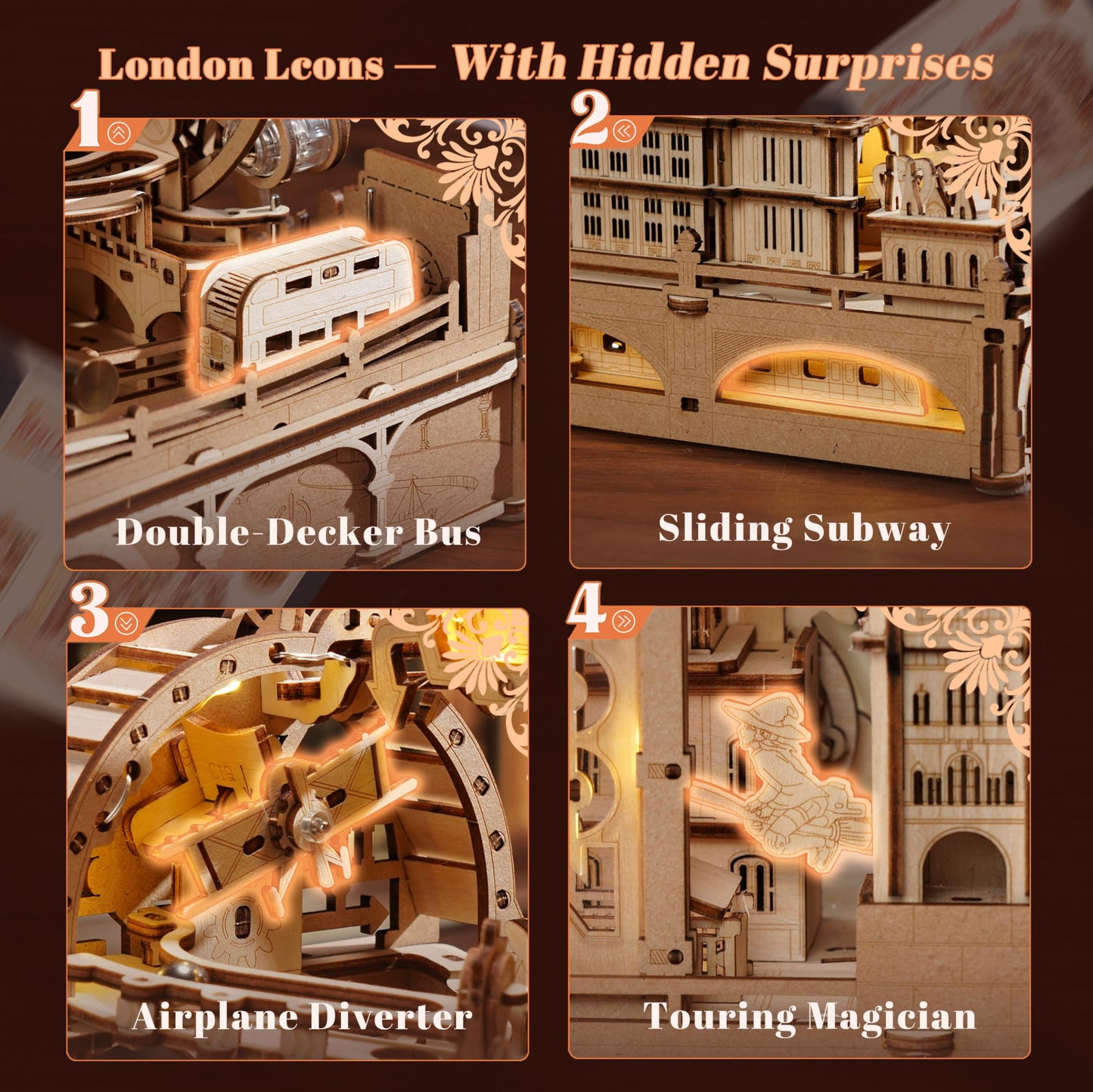 ROBOTIME Wooden Town Marble Run - 3D Wooden Puzzles for Adults EGB01 Night City Marble Run Kit - Wooden Puzzle Models for Adults to Build