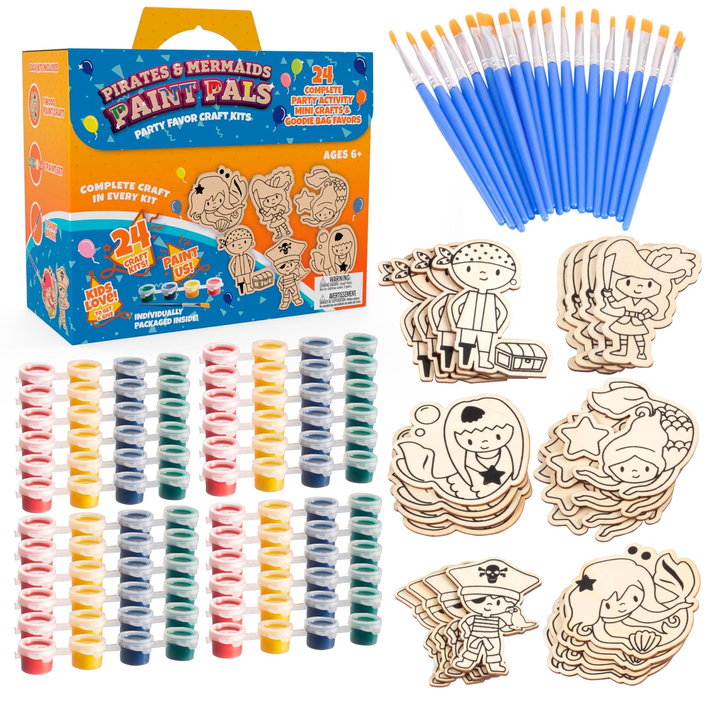 Kids Wood Painting Party Craft Kit 20 Pack - Each DIY Set Includes Mermaids & Pirates Wooden Design, Paint & Brushes - Summer Camp Activities