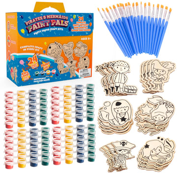 Kids Wood Painting Party Craft Kit 20 Pack - Each DIY Set Includes Mermaids & Pirates Wooden Design, Paint & Brushes - Summer Camp Activities
