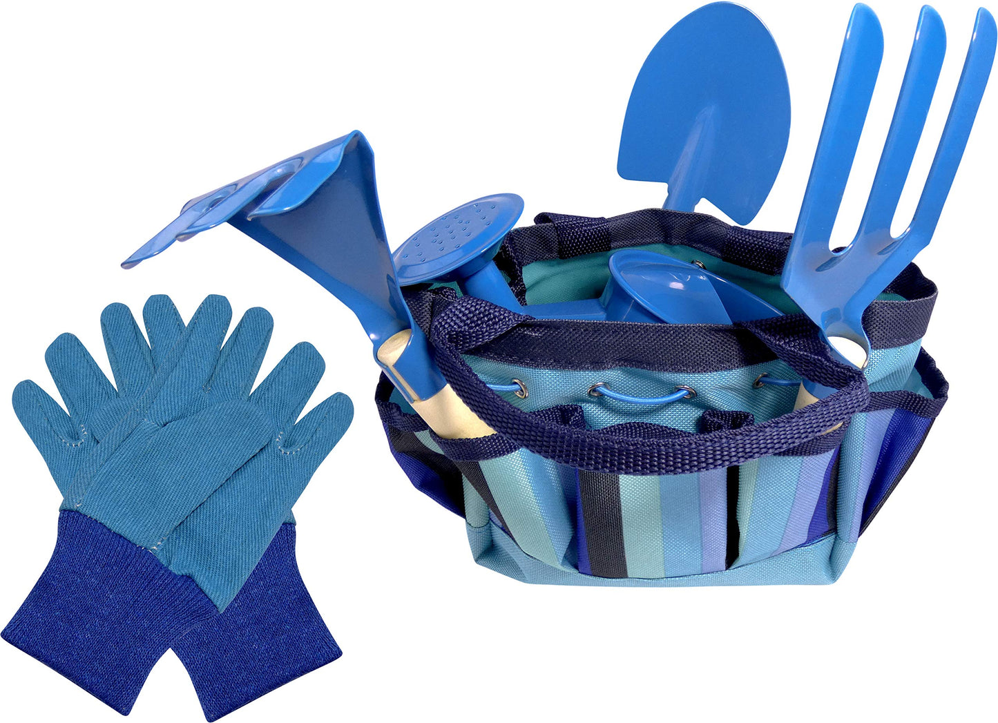 Kids Garden Set & Bucket Hat Combo: Real Metal Tools & Wooden Handles; Shovel, Rake & Pitch Fork, Pitcher, Gloves & Carrying Bag. Sure-Fit Adjustable