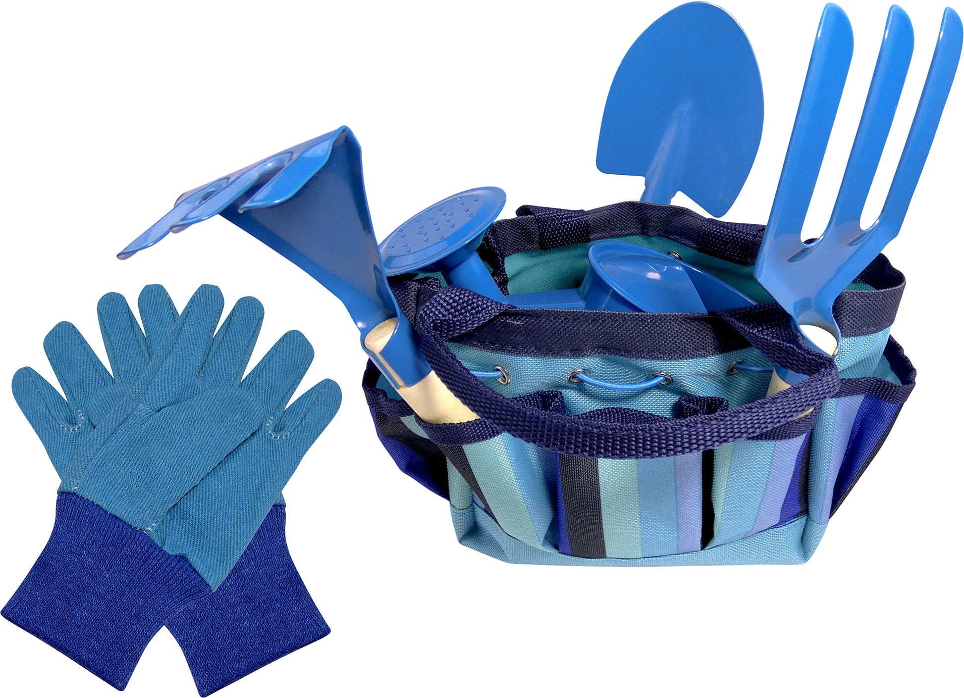 Kids Garden Set & Bucket Hat Combo: Real Metal Tools & Wooden Handles; Shovel, Rake & Pitch Fork, Pitcher, Gloves & Carrying Bag. Sure-Fit Adjustable