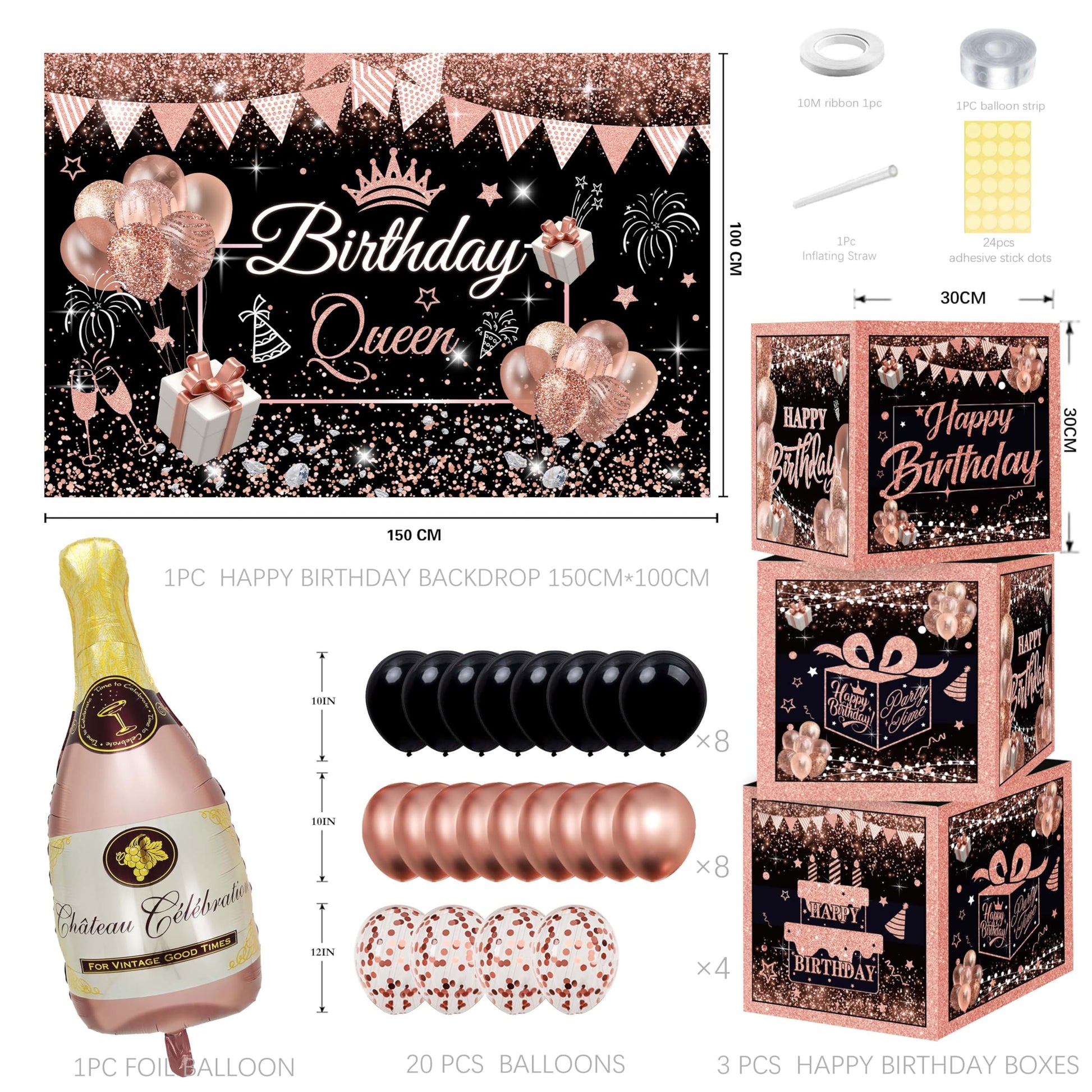 Happy Birthday Party Decorations for Women,Black PInk Balloons,Birthday Box Decor,Backdrop,Beers Foil Balloon