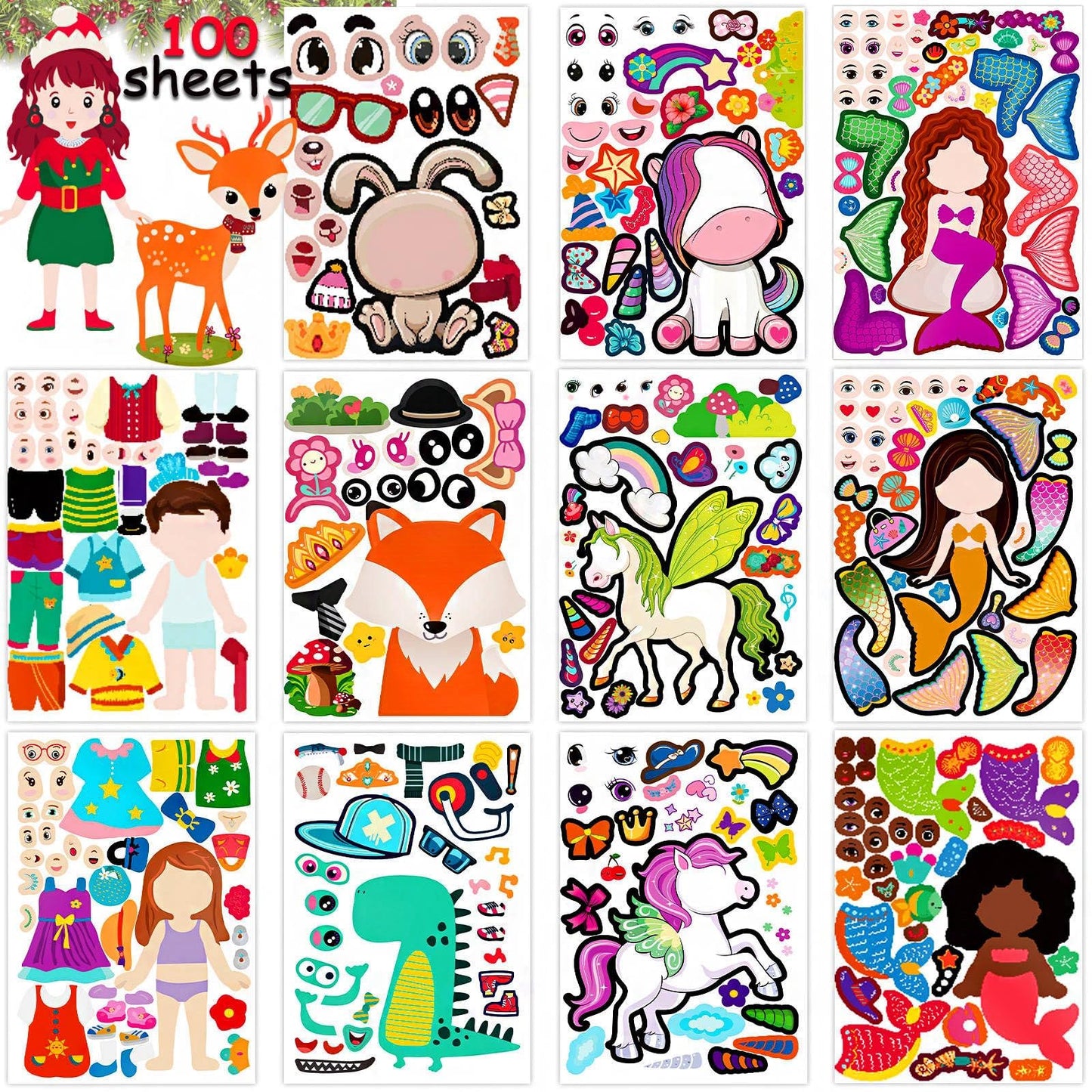 100 Pack DIY Make Your Own Animal Face Stickers - 25 Designs, Funny Mermaid Princess Prince Face Stickers for Kids, Party & Festival Favor, School