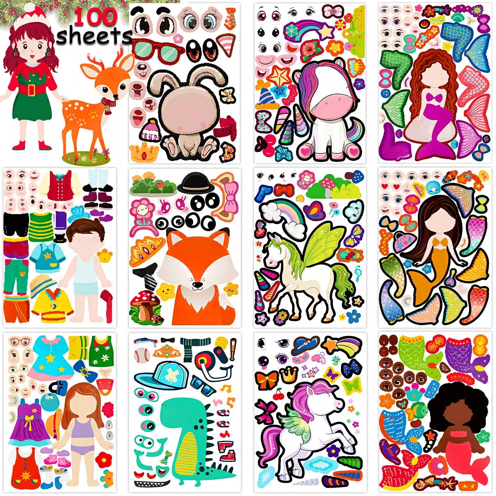 100 Pack DIY Make Your Own Animal Face Stickers - 25 Designs, Funny Mermaid Princess Prince Face Stickers for Kids, Party & Festival Favor, School