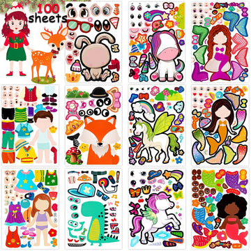 100 Pack DIY Make Your Own Animal Face Stickers - 25 Designs, Funny Mermaid Princess Prince Face Stickers for Kids, Party & Festival Favor, School