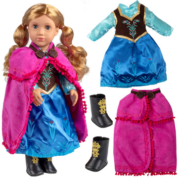 3pc Anna Frozen Movie Inspired Outfit- 18" Doll Clothes & Accessories Compatible w American Girl Dolls- Snow Queen Princess Set Includes Dress, Shawl