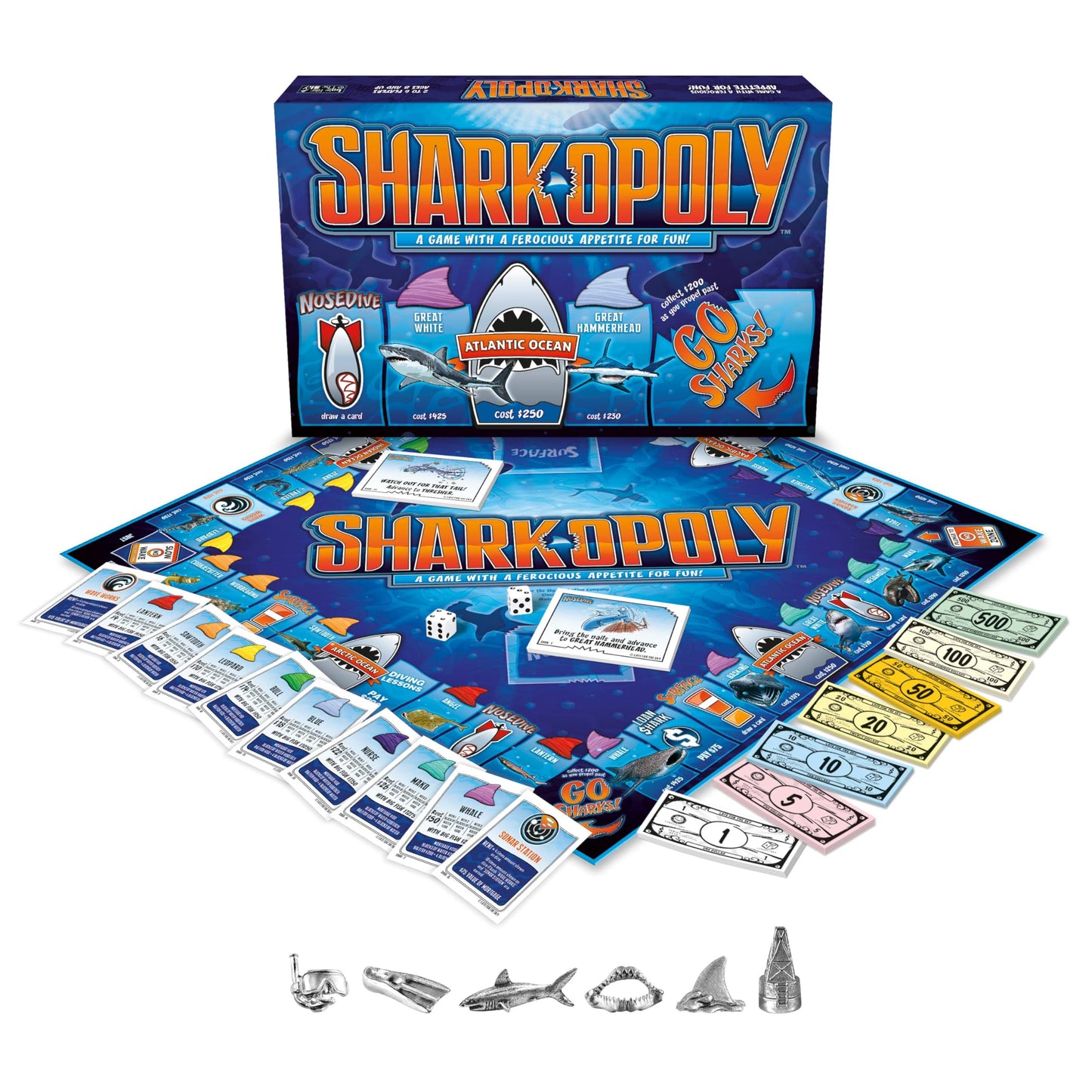 Late for The Sky Sharkopoly Board Game, Family Property Trading Game for 2-6 Players, Ages 8+, Ocean Theme with Shark Tokens, Fun Party Gift for Kids