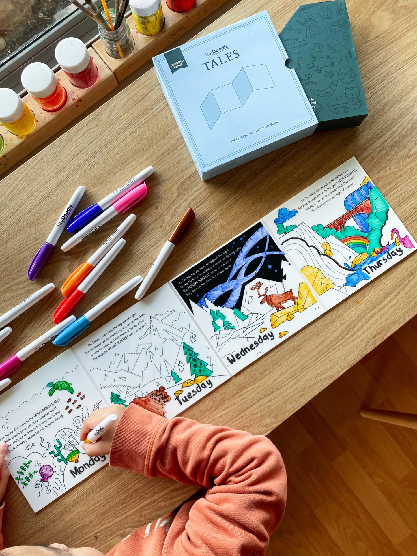 HeyDoodle Tales Foldout Book - Reusable Silicone Coloring Books for Kids Ages 3-7 with Flip Pages & Educational Themes - Coloring Kit Includes 12