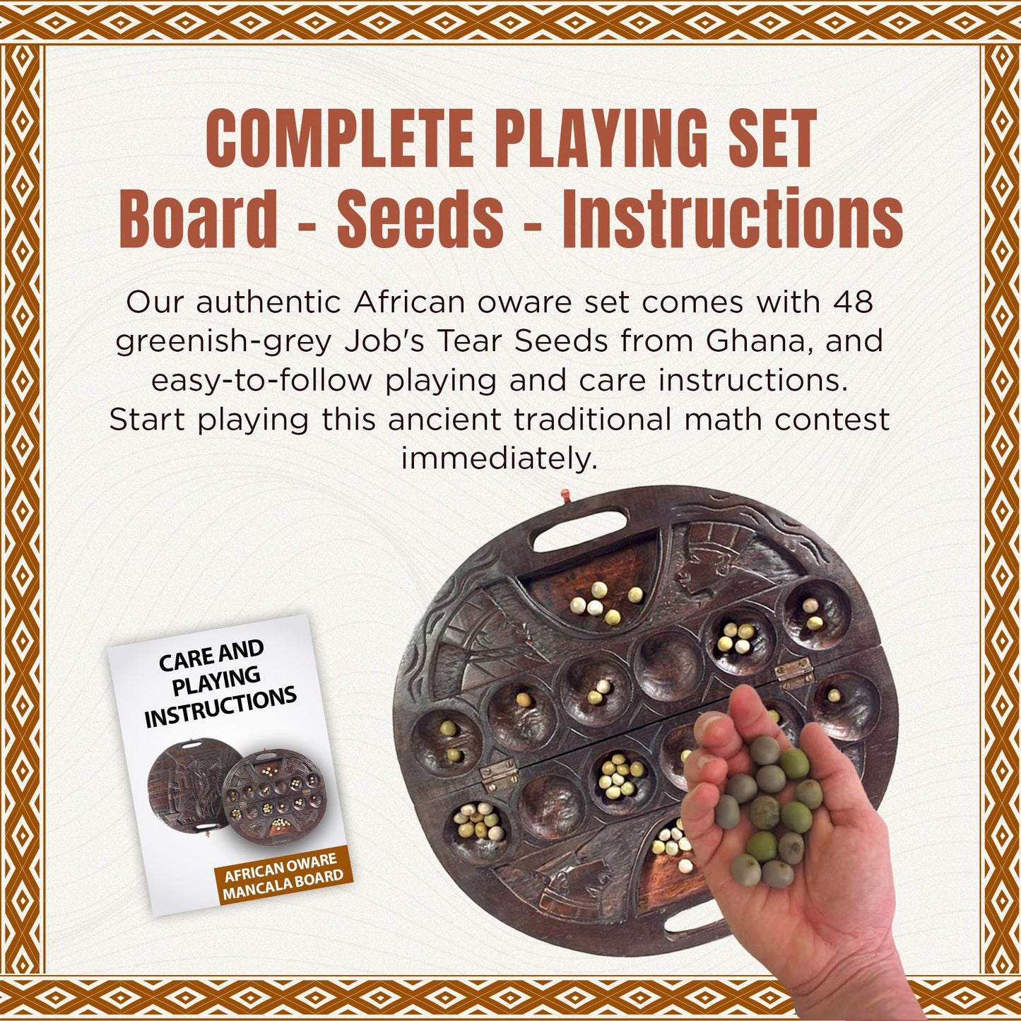 Africa Heartwood Project African Oware Mancala Board - Deluxe Circular Shape with Handle, Hand-Carved, Solid Wood with Detailed Designs, Wooden