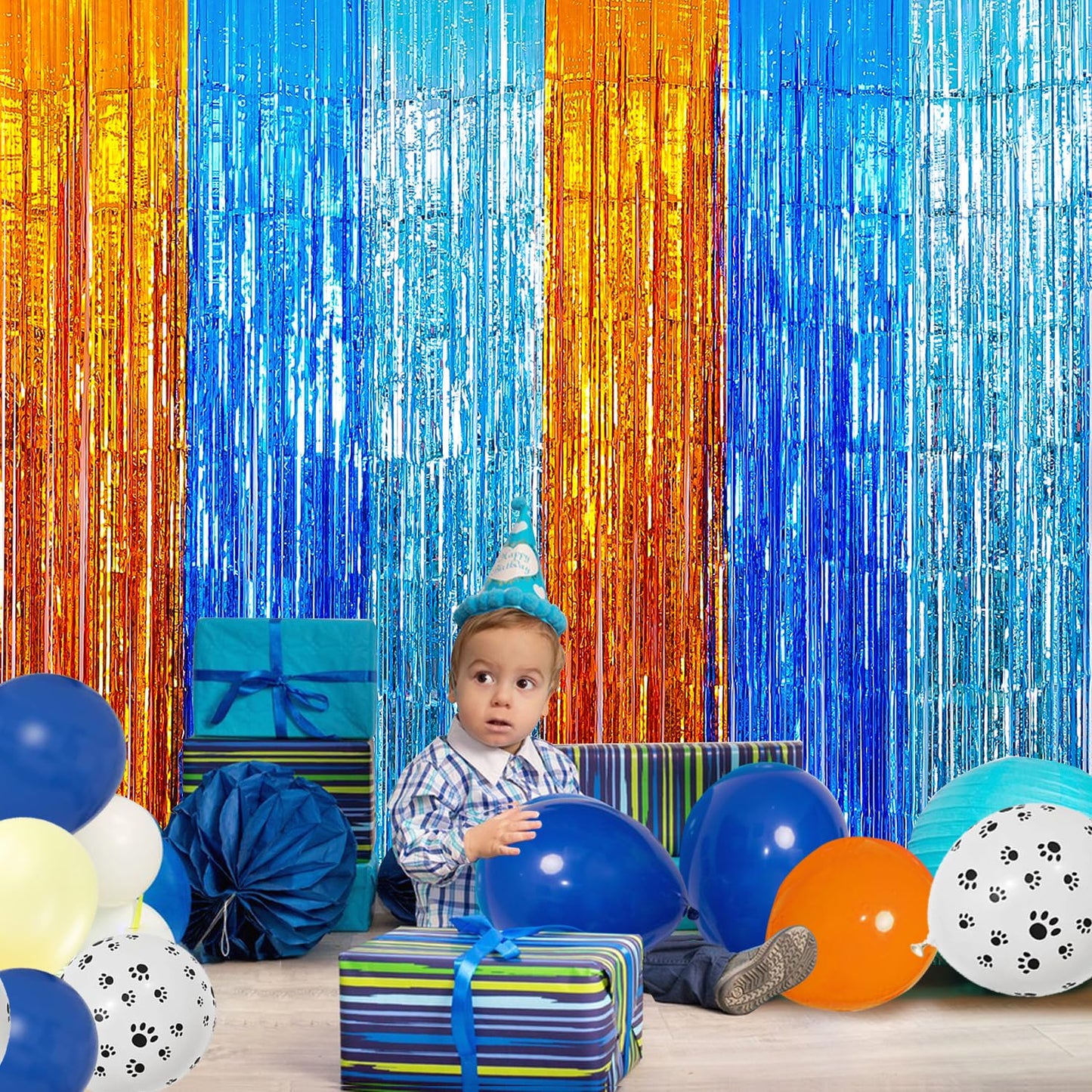 Blue Dog Birthday Party Supplies, 2 Packs 3.3x6.6 ft Foil Fringe Curtains, Orange Light blue Tinsel Metallic Streamers, Photo Booth Props Streamer