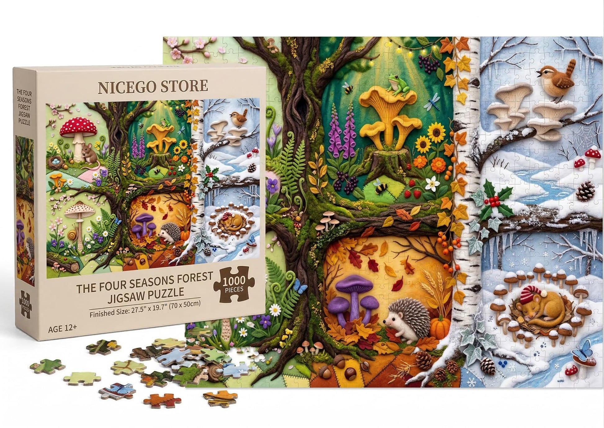 NiceGo 1000 Piece Jigsaw Puzzle for Adults - Enchanted Four Seasons Forest | Whimsical Felt Art Mushrooms, Hedgehog & Wildlife | 27.5"x19.7" |