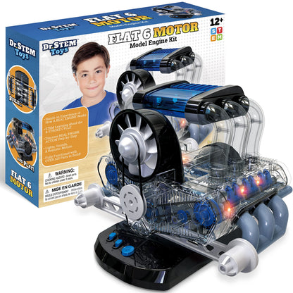 Dr. STEM Toys Model Engine Kit for Boys & Girls Ages 12+, Realistic Replica Flat 6 Motor Has Over 320 Parts, Real Motorized Action, LED Lights & Sound