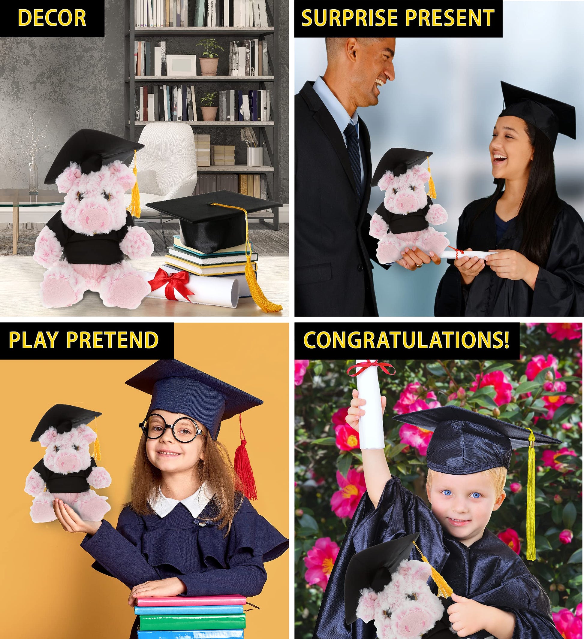 DolliBu Sitting Pig Graduation Plush Toy - Soft Graduation Stuffed Animal Dress Up with Gown & Cap with Tassel Outfit - Gift with Personalization - 9"