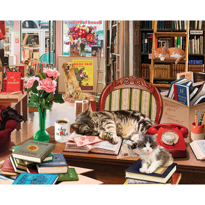 White Mountain 1000 Piece Jigsaw Puzzle Cats Vintage, Cozy Bookshop