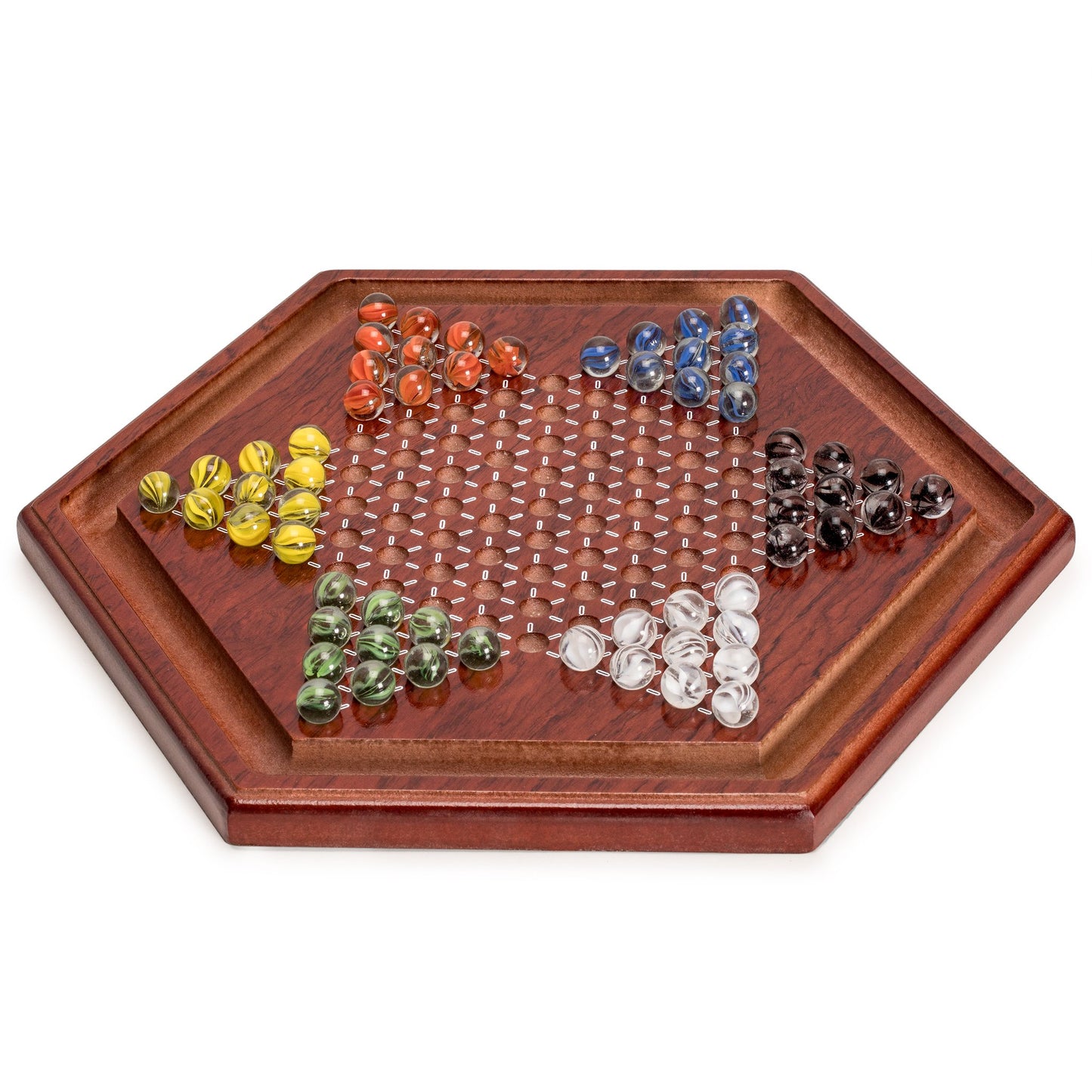 Yellow Mountain Imports Wooden Chinese Checkers Halma Board Game Set - 13.6-Inch - with 60 Colored Petal-Style Glass Marbles (16-Millimeter) - Classic