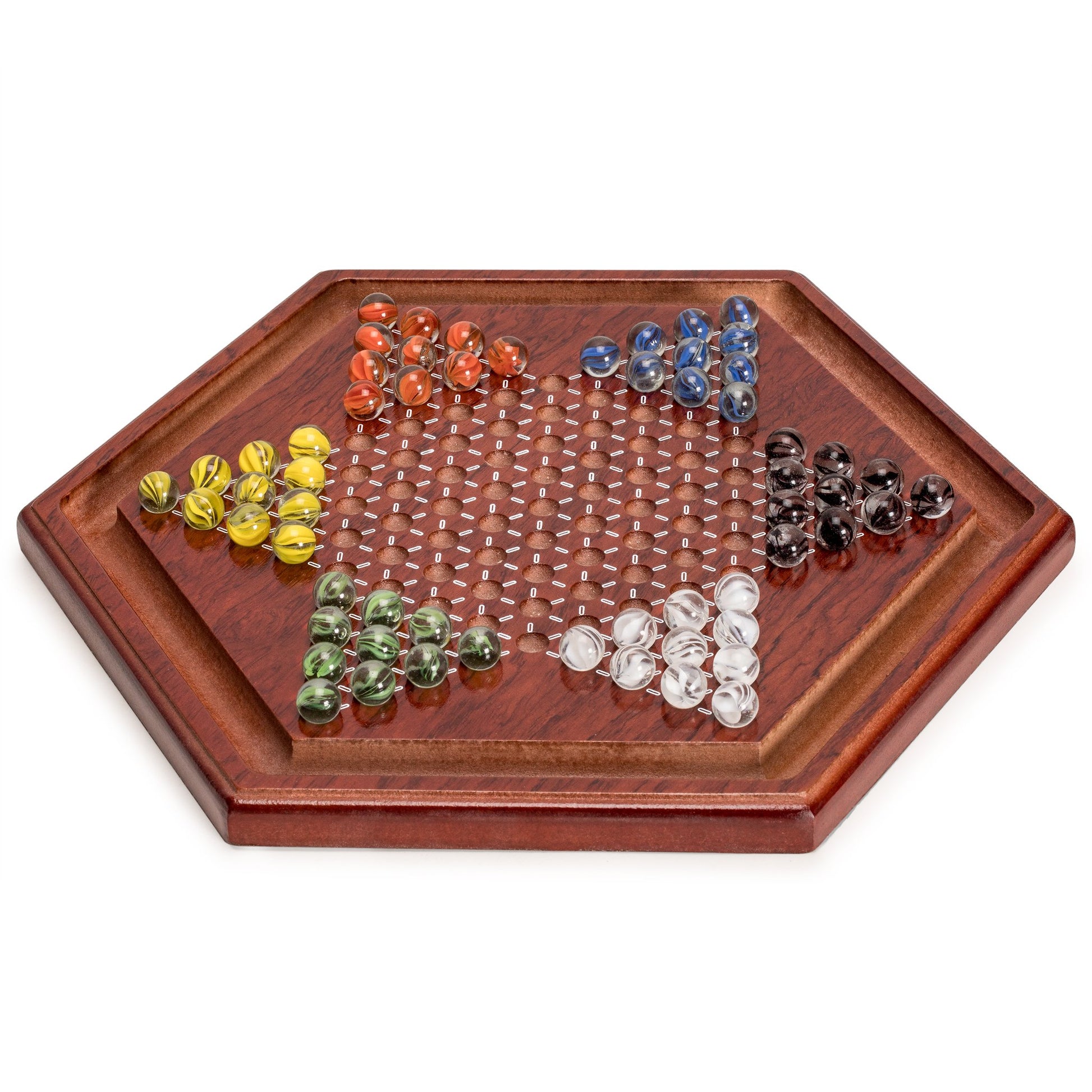 Yellow Mountain Imports Wooden Chinese Checkers Halma Board Game Set - 13.6-Inch - with 60 Colored Petal-Style Glass Marbles (16-Millimeter) - Classic