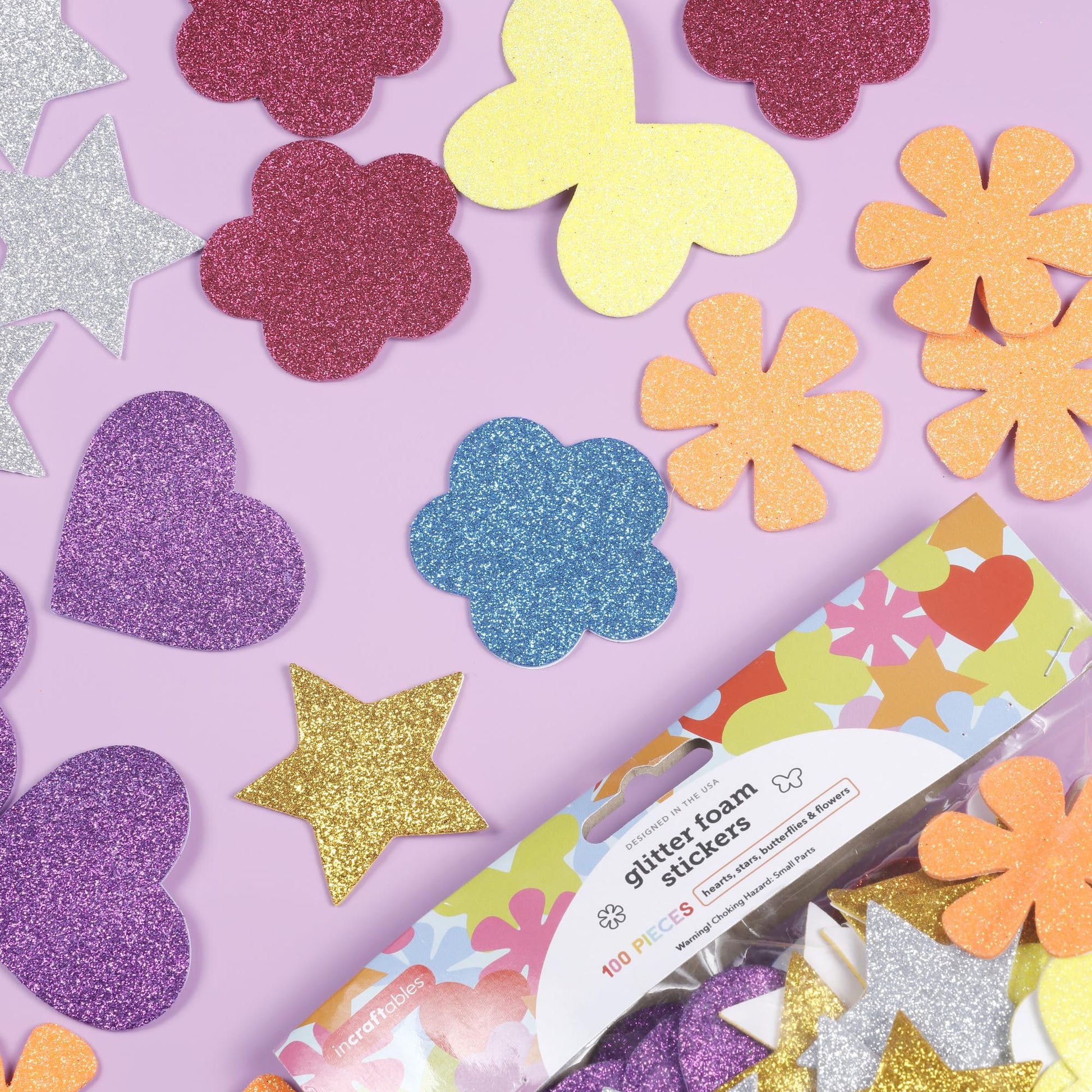 Incraftables Glitter Self Adhesive Foam Stickers for Kids, 100pcs Heart, Star, Butterfly, Flower Shapes, Multicolor, Felt Material, Modern Style