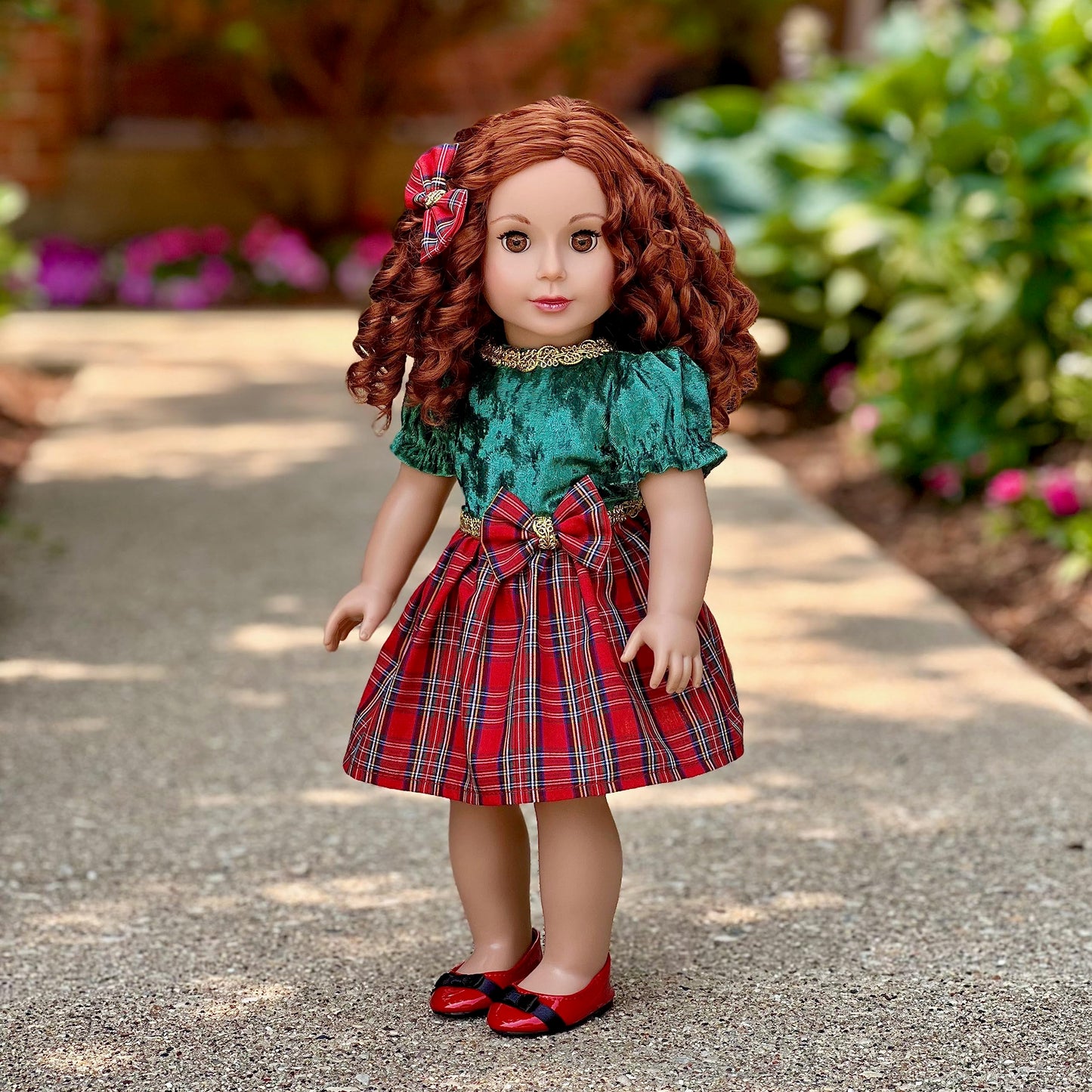 Christmas Classic - 3 Piece Outfit - Green and Red Party Dress, Red Shoes and Hair Bow - Clothes Fits 18 Inch Doll (Doll Not Included)