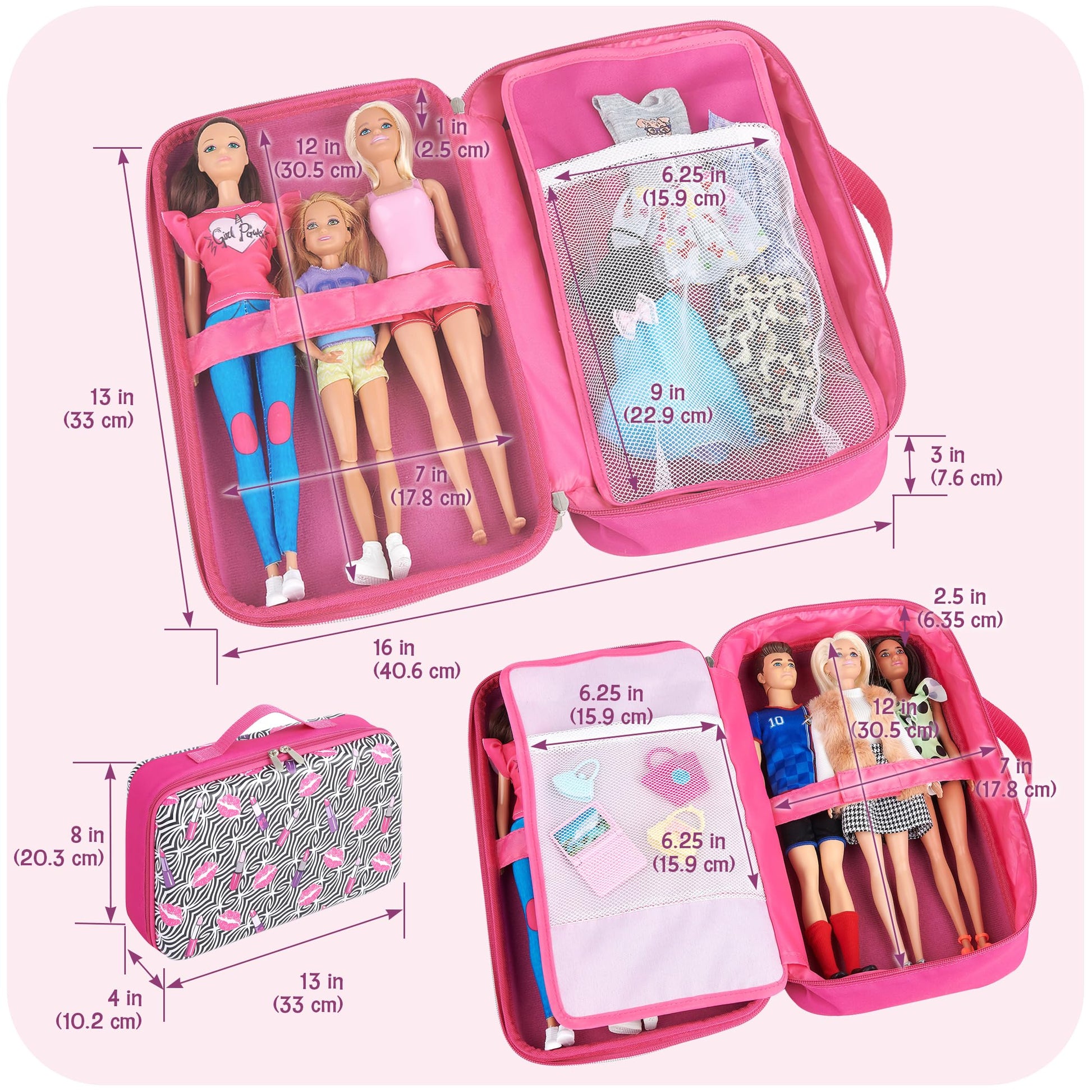 Badger Basket Stylish Travel Case for 12 Inch Fashion Dolls - Storage Solution with Pockets for Doll Accessories - Best for On-The-Go Travel