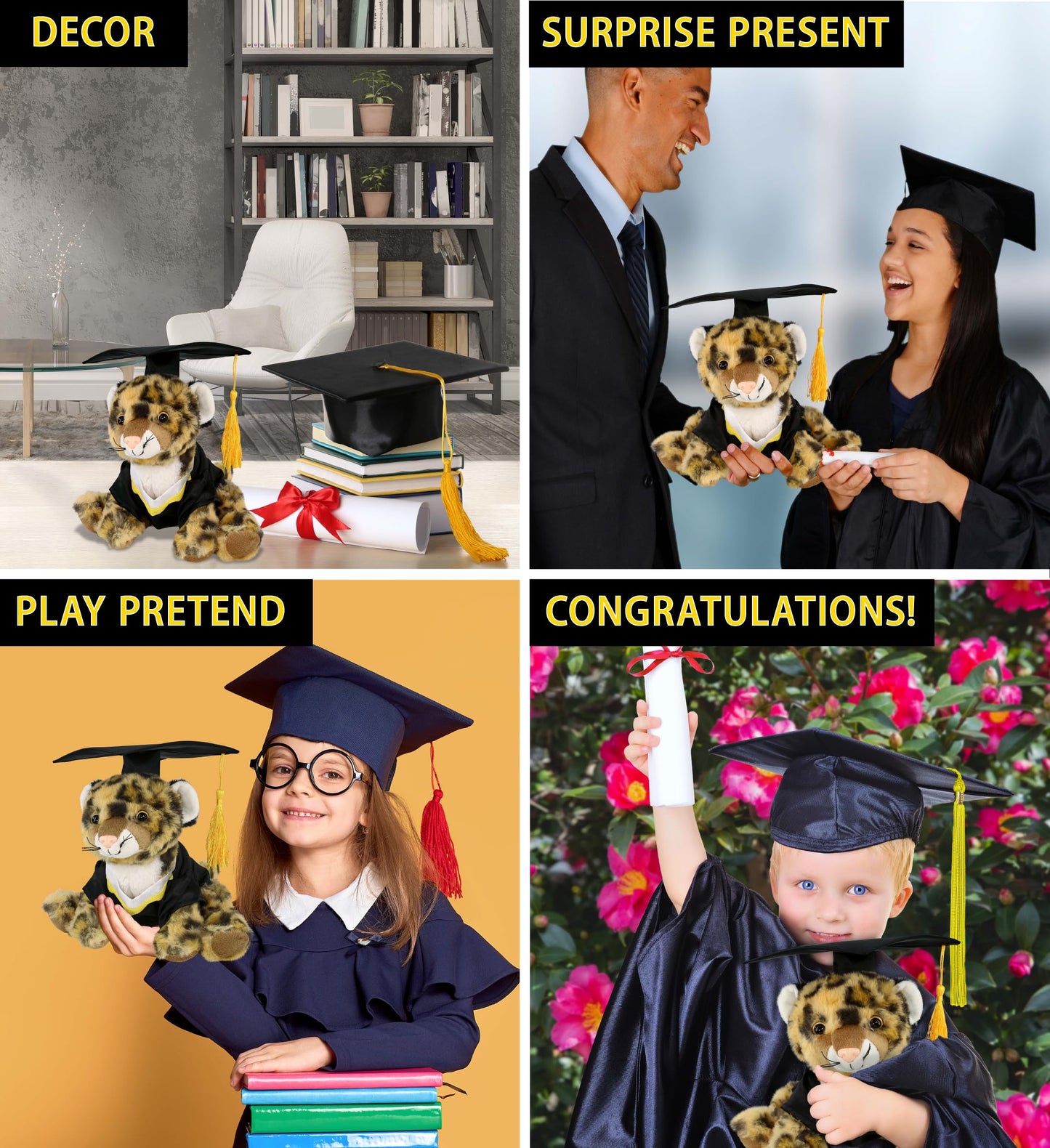 DolliBu Squat Leopard Graduation Plush Toy - Soft Leopard Plush Graduation Stuffed Animal Dress Up with Gown & Cap with Tassel Outfit - Gift