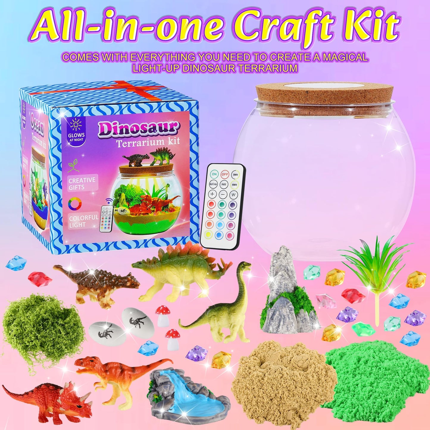 Gifmore Dinosaur Light Up Terrarium Kit for Boys Ages 4-12, DIY Dinosaur Crafts Toy Set, Birthday Presents for Kids Boys