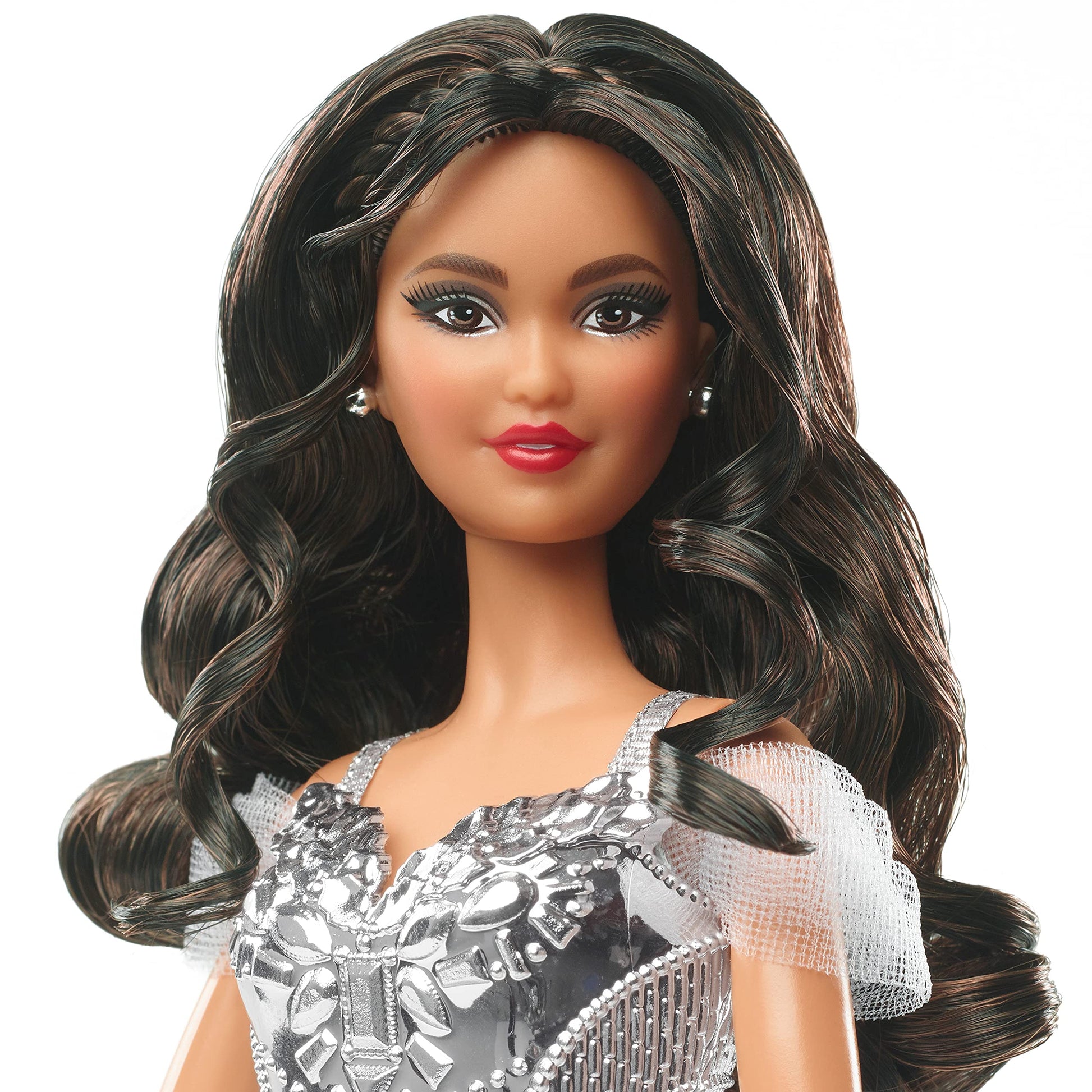 Barbie Signature 2021 Holiday Doll (12-inch, Brunette Hair) in Silver Gown, with Doll Stand and Certificate of Authenticity, Gift for 6 Year Olds and