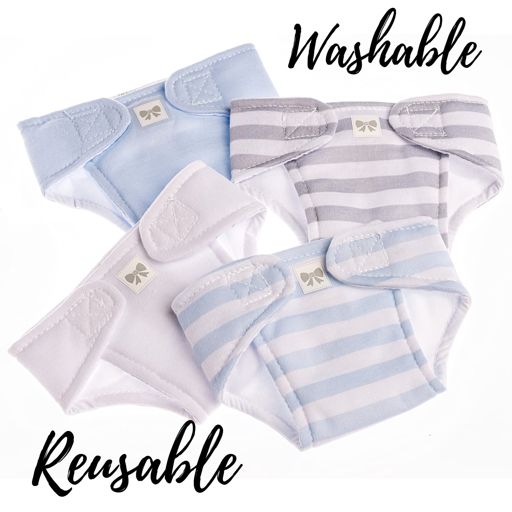 JC Toys Baby Doll Washable and Reusable Eco Diapers 4 Pack Fits Dolls 14 to 18 inch in Blue/White/Grey