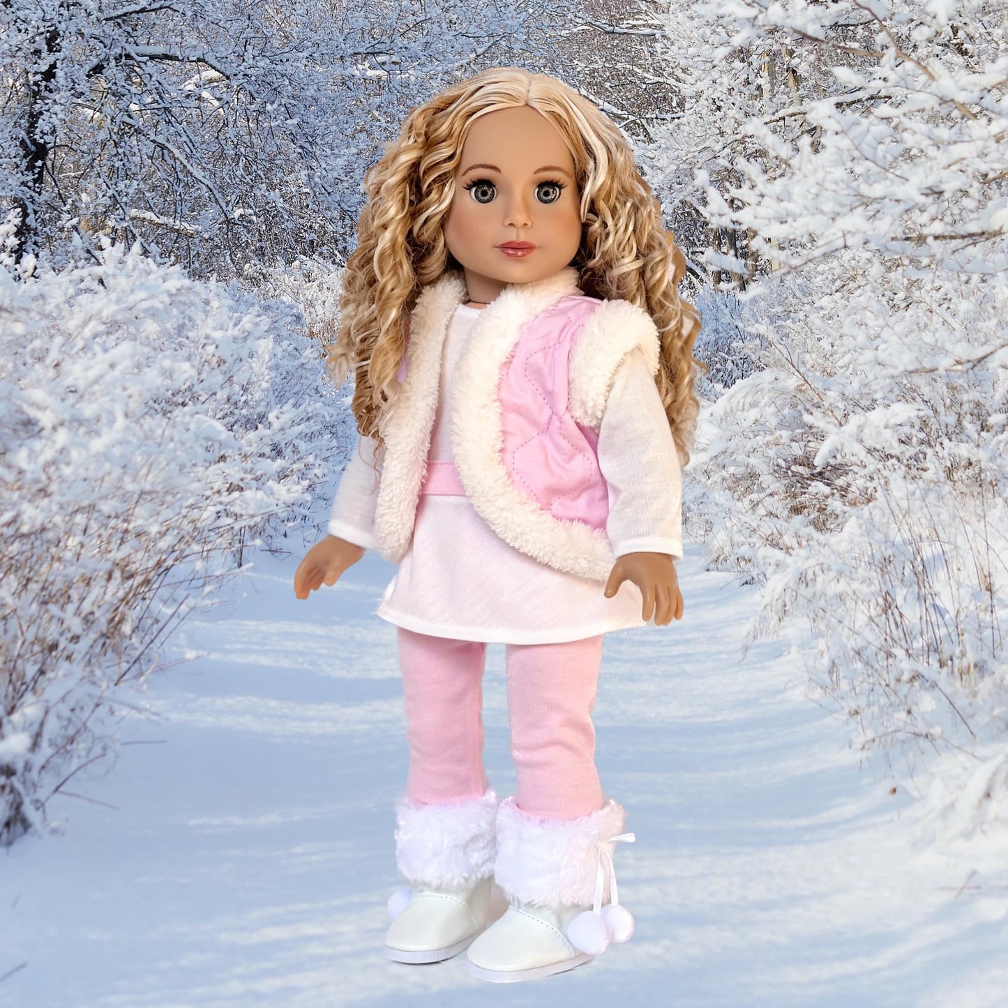 Snowflake - 4 Piece 18 inch Doll Outfit - Leggings, Tunic, Vest and Boots - (Doll Not Included)