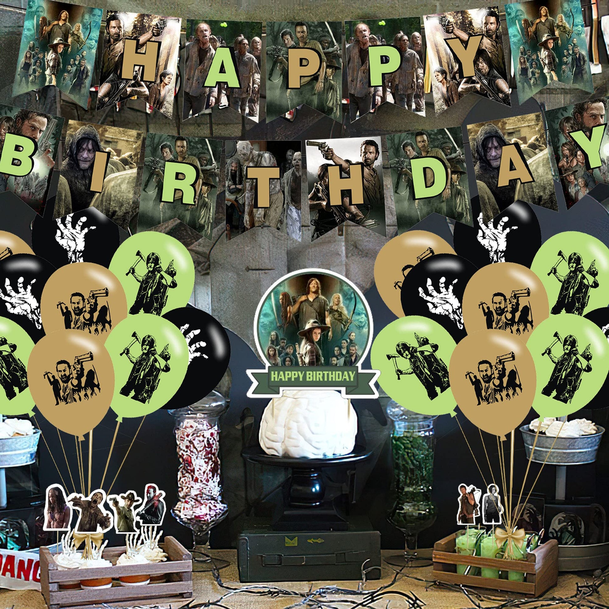 The Walking Dead Party Supplies - Birthday Decorations for TV Show Theme With Happy Birthday Banner, Cake Topper, Balloons, and Stickers
