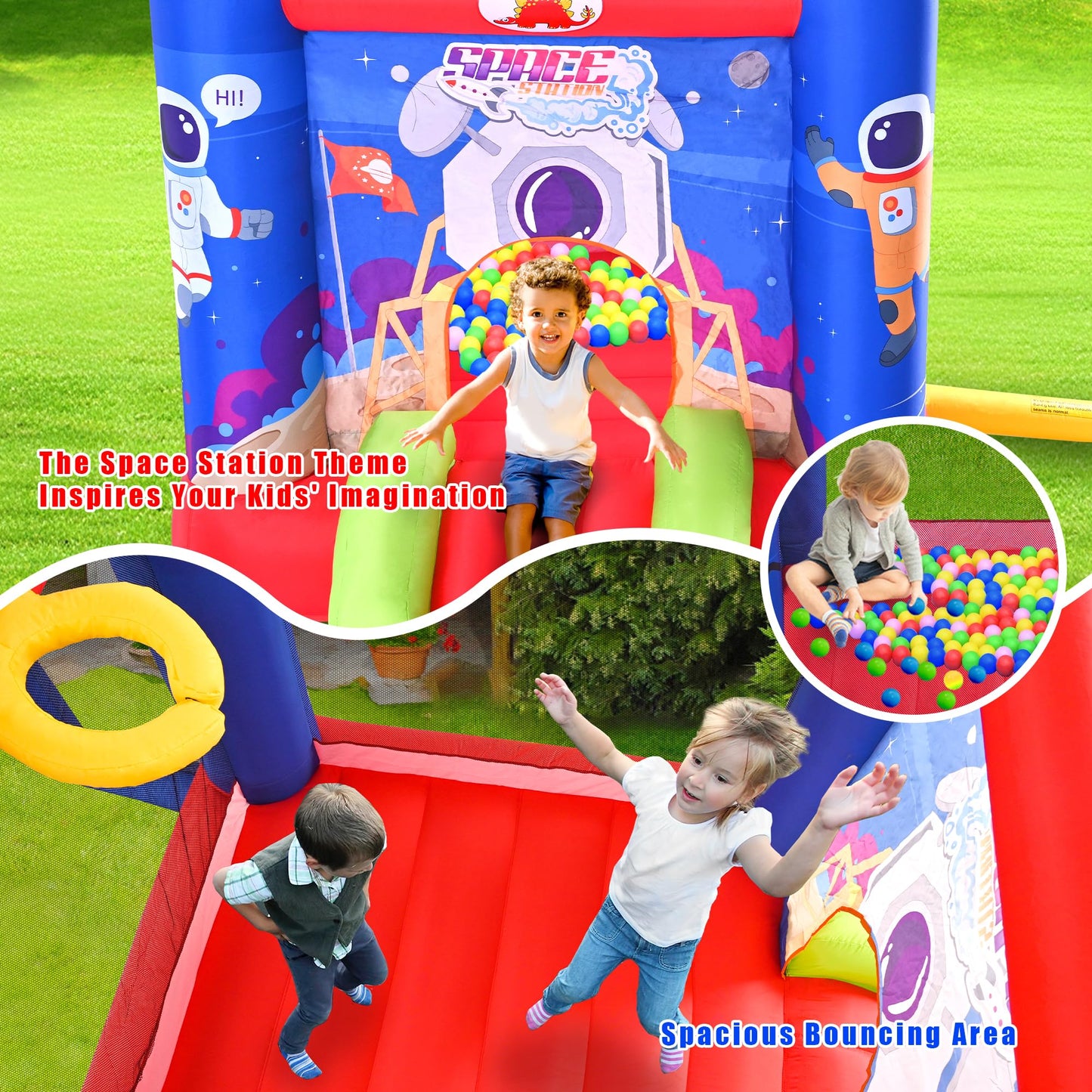 WELLFUNTIME Inflatable Bounce House Jumping Castle Slide with Blower, Kids Bouncer with Basketball Rim, 110x82.5x72.8 Inch Bouncy Castle