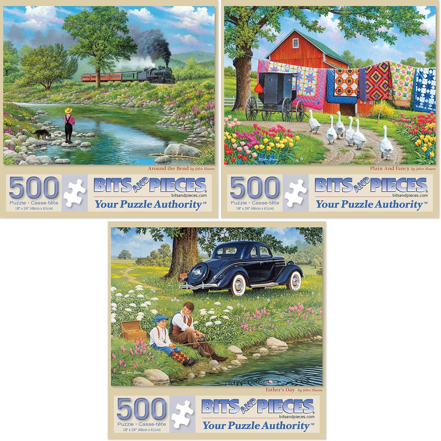 Bits and Pieces - Value Set of Three 500 Piece Jigsaw Puzzles for Adults - Around The Bend, Plain and Fancy, Father's Day Jigsaw Puzzles by Artist
