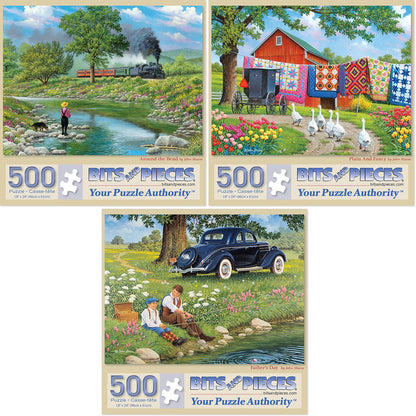 Bits and Pieces - Value Set of Three 500 Piece Jigsaw Puzzles for Adults - Around The Bend, Plain and Fancy, Father's Day Jigsaw Puzzles by Artist
