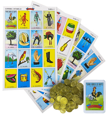 Loteria Mexicana Tradicional Jumbo Don Clemente para 10 Jugadores con 100 Monedas - Jumbo Size Mexican Bingo Set with 100 Counting Chips Plastic Coins
