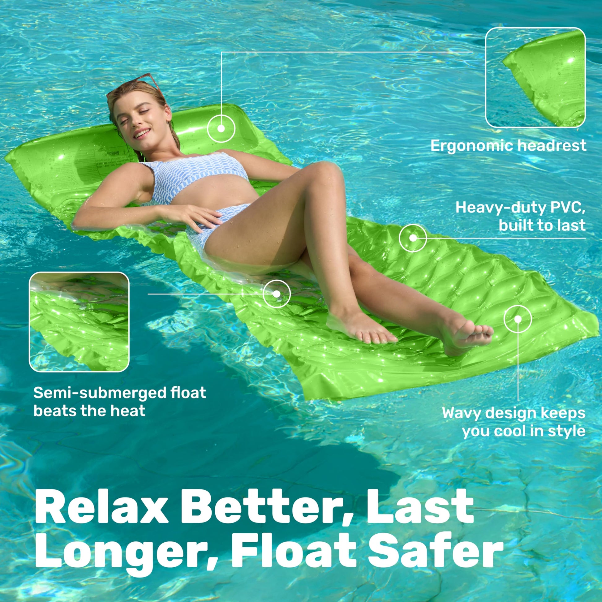 SLOOSH Inflatable Pool Floats Raft,Floating Lounge for Adults,64x32 inch Swimming Mat Pool Mattress with Headrest,2 Pieces Float Air Mat for Summer