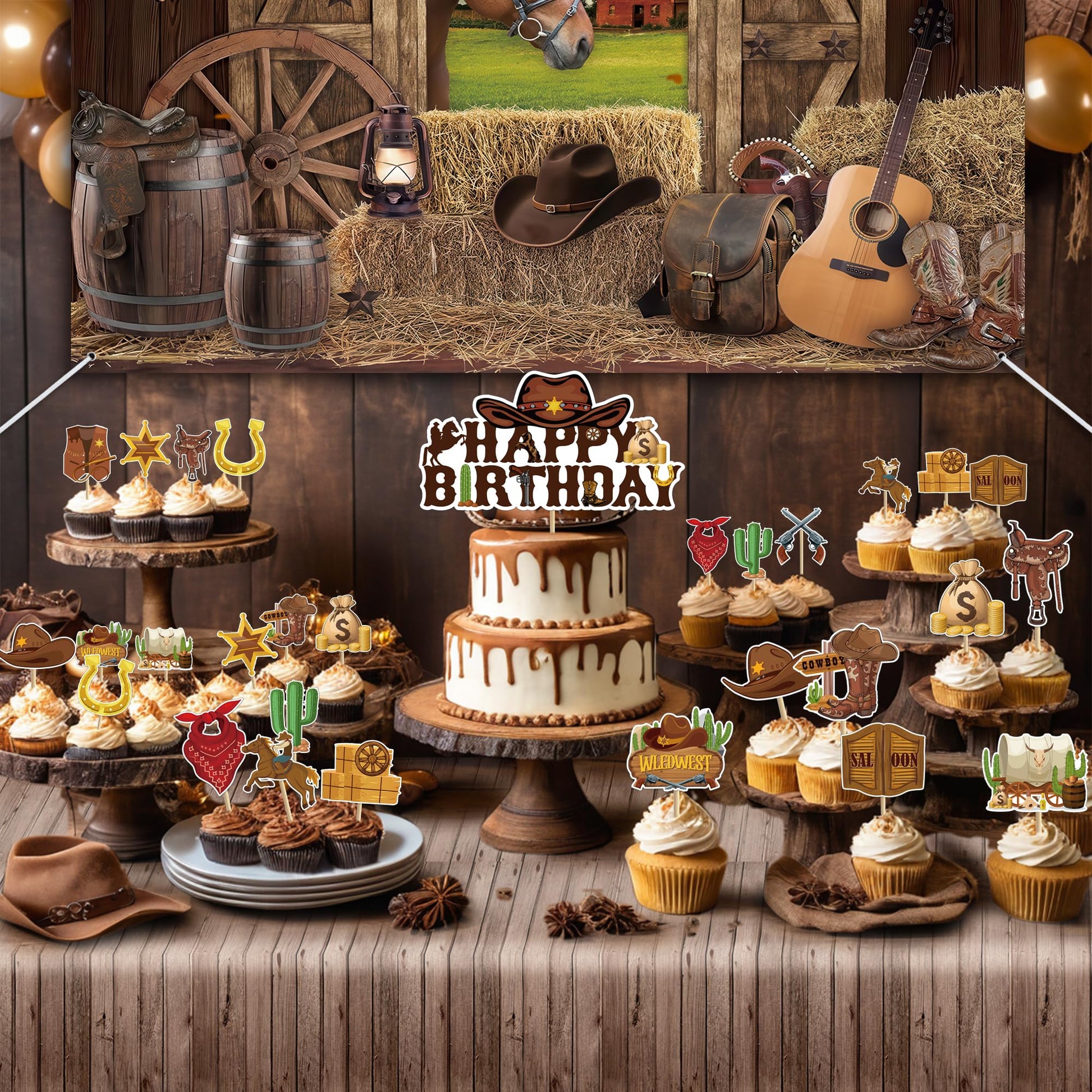 Western Cowboy Birthday Party Supplies Cowboy Party Decorations Include Happy Birthday Banner Denim Backcloth Denim Tablecloth Cake Insert Card Party
