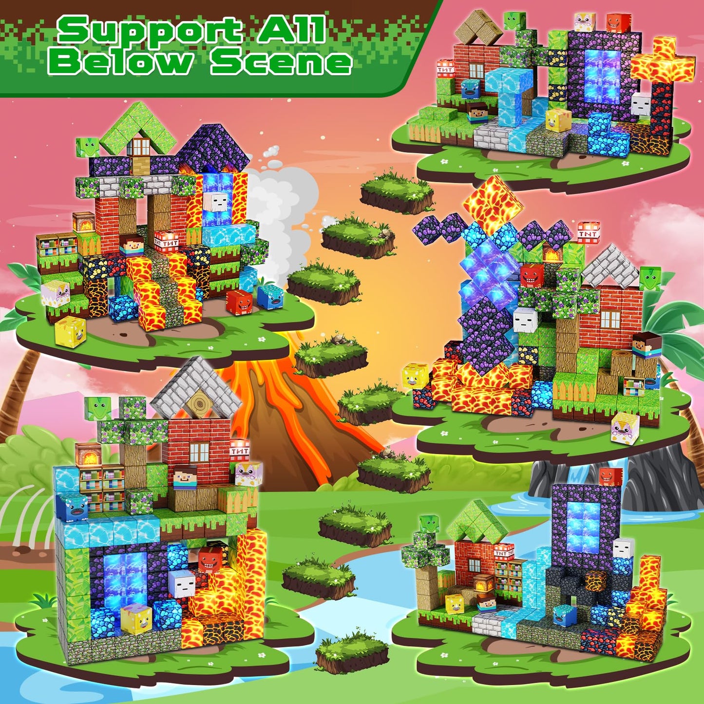 Magnetic Blocks - 150 PCS Dinosaur Volcano Forest Castle Set with Light Up Blocks - Kids Classroom Sensory Toy for Toddlers STEM, Construction
