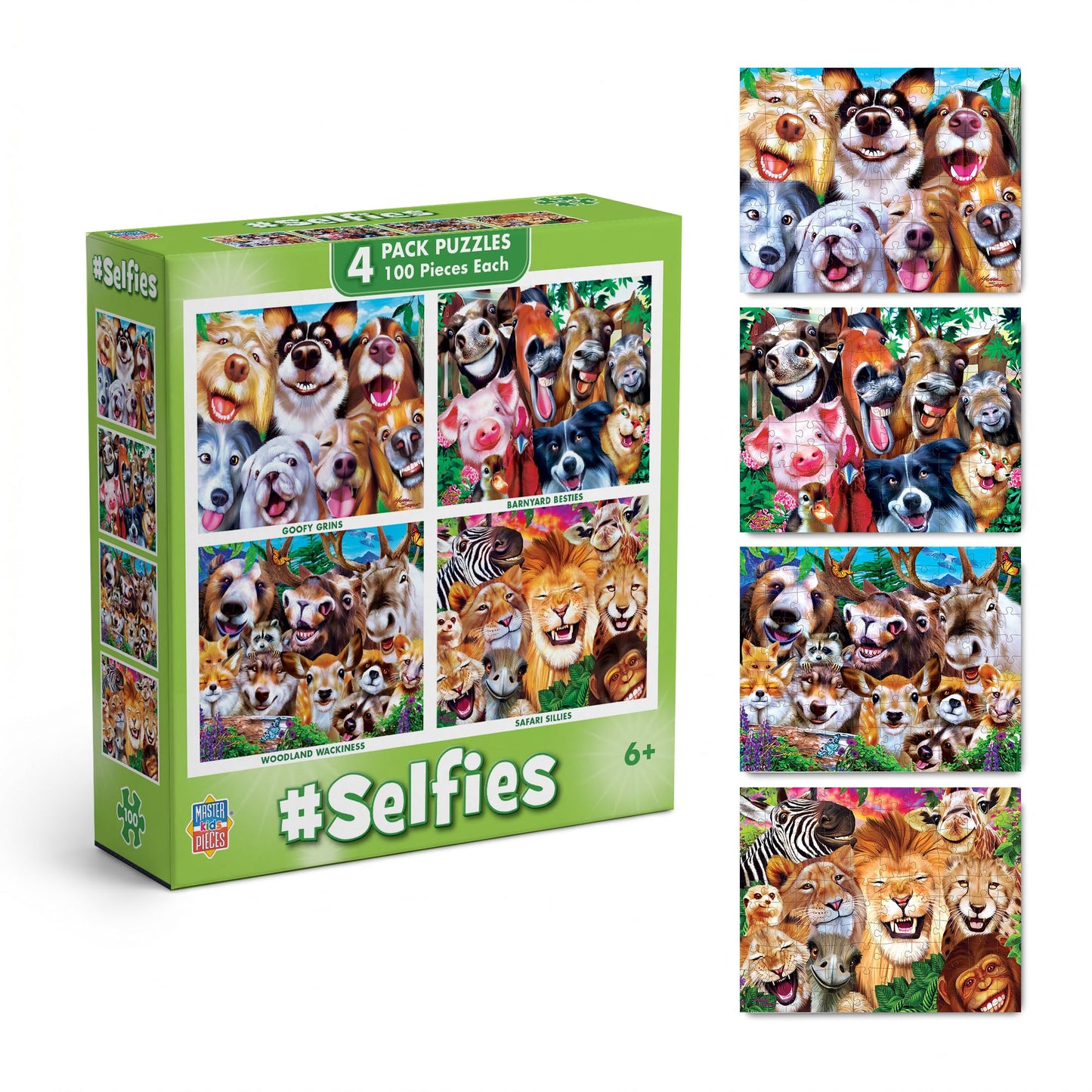 MasterPieces - Jigsaw Puzzle Set for Kids 6+ Years, 4-Pack of 100 Pieces, Educational and Fun Game, Silly Animals Collection, Gift Idea for Children