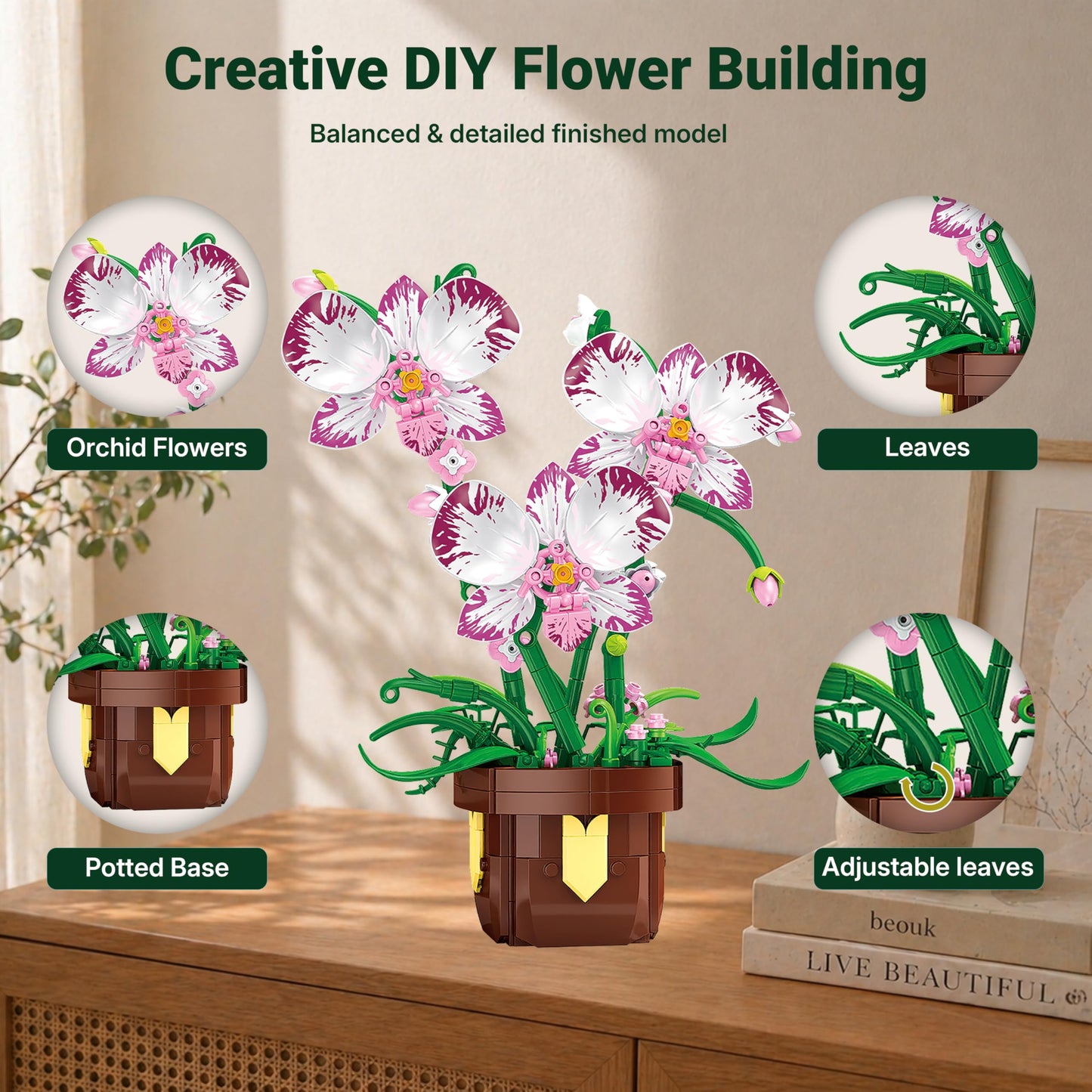 IBLOTIME Orchid Building Blocks, Flower Building Set, Botanical Orchid Plant 355 Pieces, DIY Decorative Desk Decor, Birthday Christmas for Teens