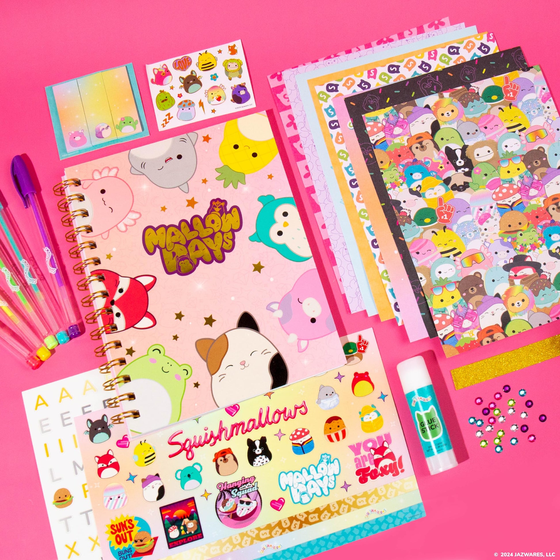 Squishmallows Original DIY Journaling Set, Journaling Kit with Gel Pens, Stickers, Sticky Notes, and Gems, Scrapbook for Kids, Cute Stationary Set,