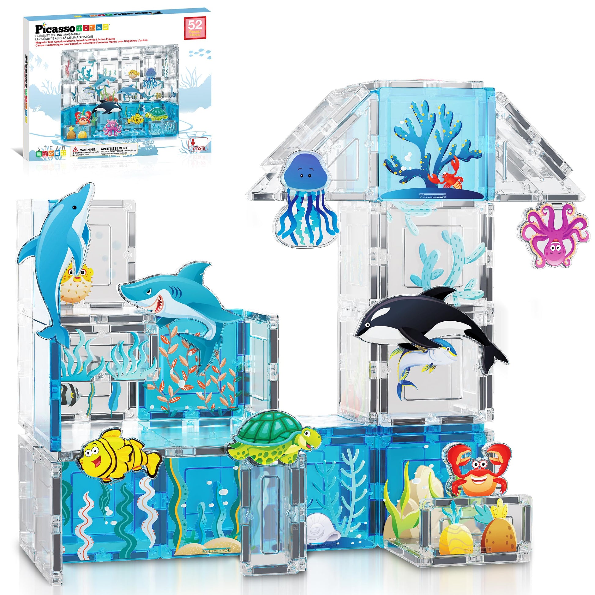 PicassoTiles Magnet Tiles Magnetic Building Blocks Aquarium Marine Animal Theme Set with 8 Character Action Figures Shark Crab Turtle STEM Toys
