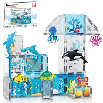 PicassoTiles Magnet Tiles Magnetic Building Blocks Aquarium Marine Animal Theme Set with 8 Character Action Figures Shark Crab Turtle STEM Toys