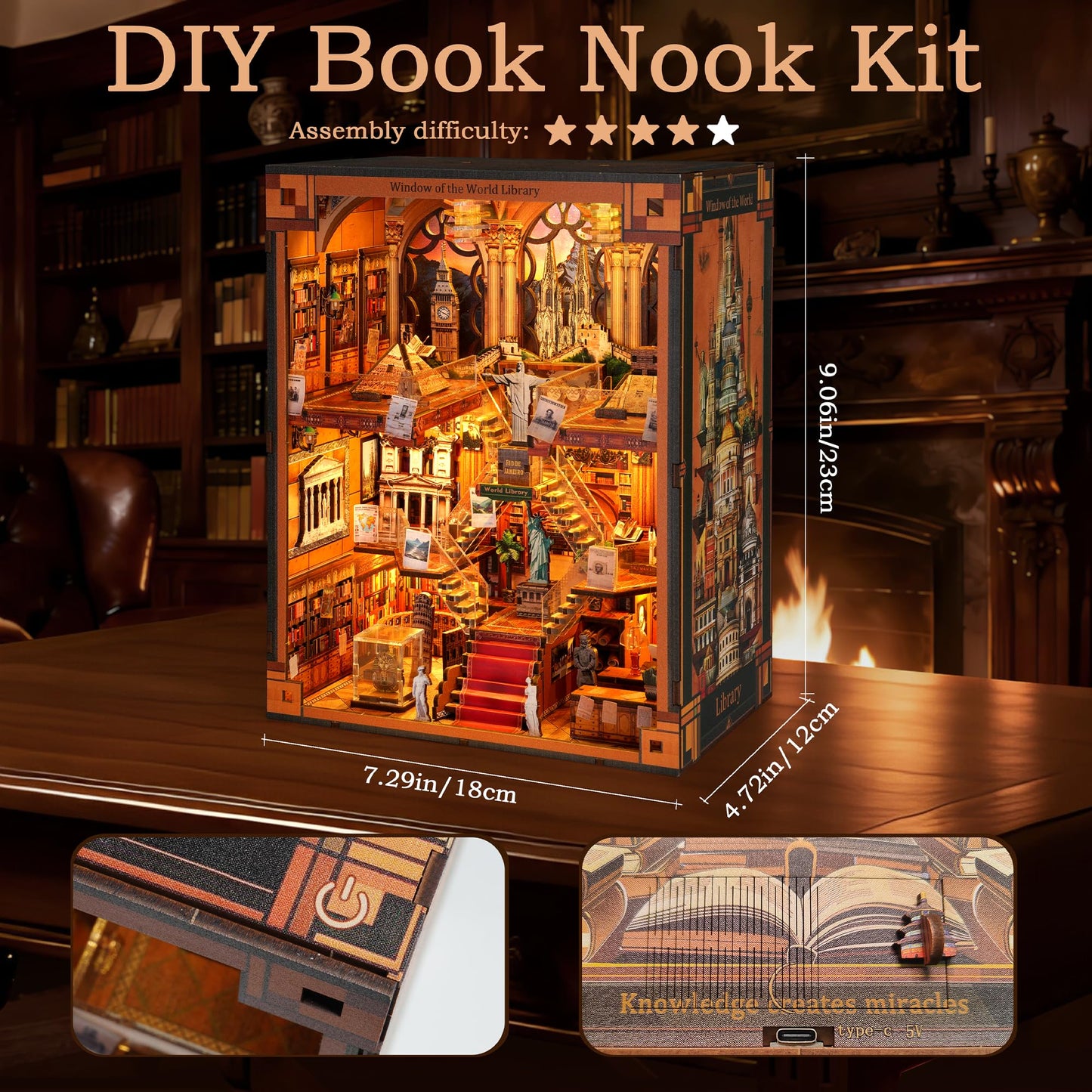 Book Nook Kit - DIY Miniature World Library Booknook - 3D Wooden Puzzle with LED Lights - Creative Bookshelf Insert & Educational Gift for Adults