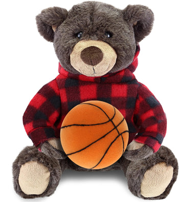 DolliBu Brown Bear Stuffed Animal with Basketball Plush - Super Soft Huggable Bear with Red Plaid Hoodie, Plush Toy Wildlife Gift for Kids and Adults