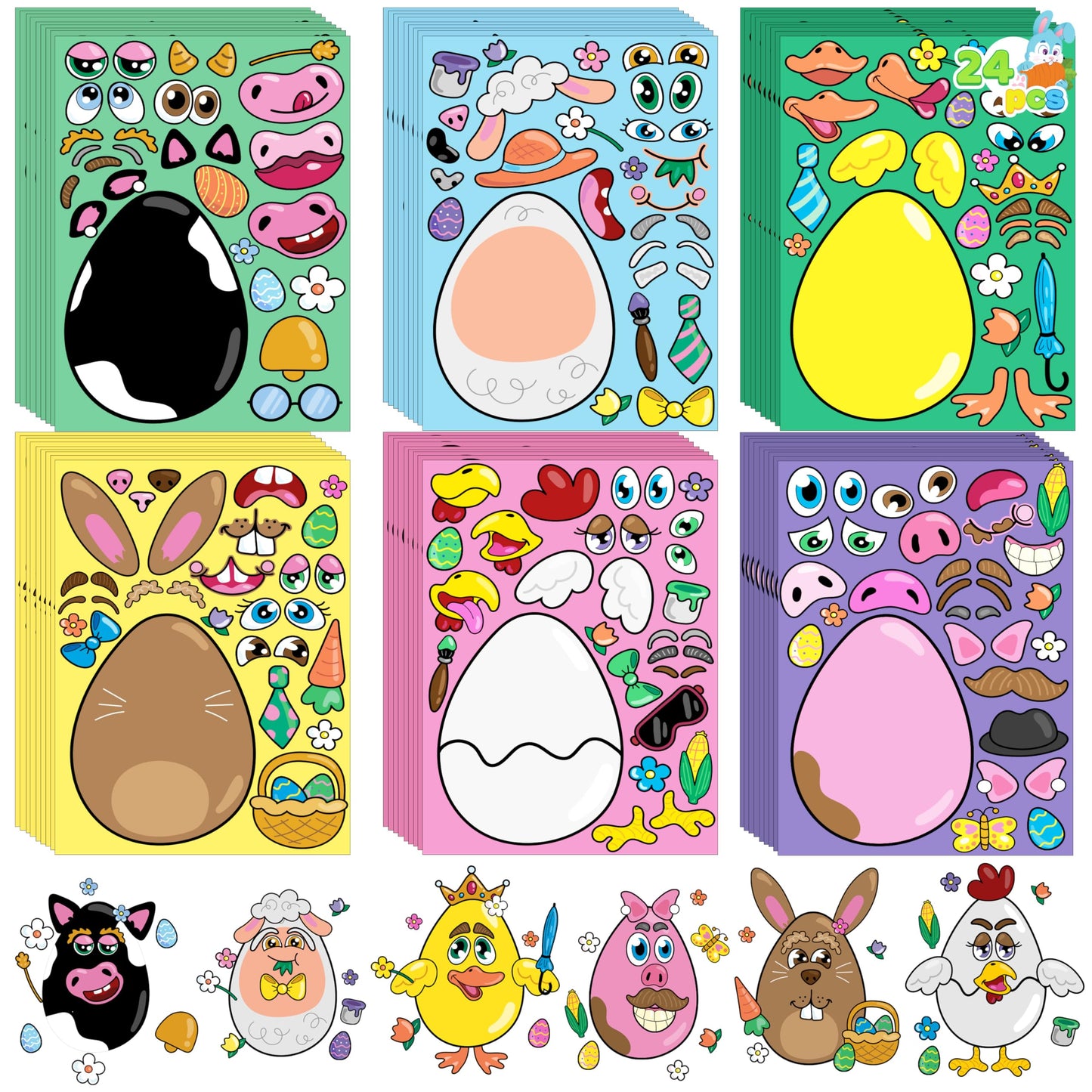 JOYIN 24 PCS Easter Stickers Mix and Match Make a Face Animal Stickers with Easter Egg Themed Pig, Bunny, Chicken, Cow, Sheep, Duck Party Favor
